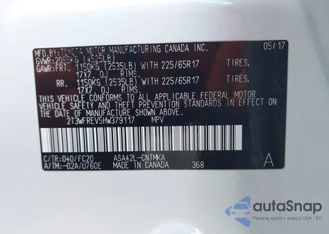 2017 Toyota Rav4 Xle из США, поврежденный, VIN 2T3WFREV5HW379117